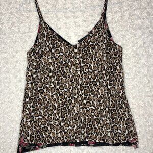 White House Black Market Leopard Print Cami‎ Top Floral Trim Sleeveless MP